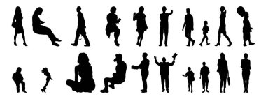 Vektör siluetleri, insanların ana hatları, Contour çizimleri, insanların siluetleri, ikon kümesi izole edilmiş, oturan insanların silueti, mimari set