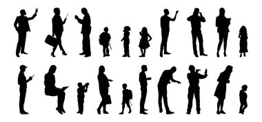 Vektör siluetleri, insanların ana hatları, Contour çizimleri, insanların siluetleri, ikon kümesi izole edilmiş, oturan insanların silueti, mimari set
