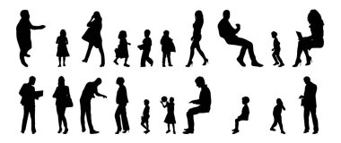 Vektör siluetleri, insanların ana hatları, Contour çizimleri, insanların siluetleri, ikon kümesi izole edilmiş, oturan insanların silueti, mimari set