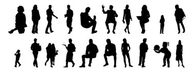 Vektör siluetleri, insanların ana hatları, Contour çizimleri, insanların siluetleri, ikon kümesi izole edilmiş, oturan insanların silueti, mimari set