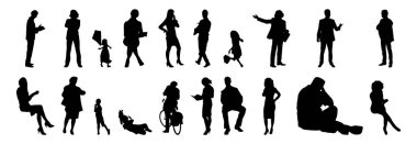 Vektör siluetleri, insanların ana hatları, Contour çizimleri, insanların siluetleri, ikon kümesi izole edilmiş, oturan insanların silueti, mimari set