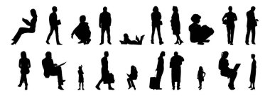 Vektör siluetleri, insanların ana hatları, Contour çizimleri, insanların siluetleri, ikon kümesi izole edilmiş, oturan insanların silueti, mimari set
