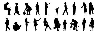 Vektör siluetleri, insanların ana hatları, Contour çizimleri, insanların siluetleri, ikon kümesi izole edilmiş, oturan insanların silueti, mimari set