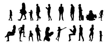 Vektör siluetleri, insanların ana hatları, Contour çizimleri, insanların siluetleri, ikon kümesi izole edilmiş, oturan insanların silueti, mimari set