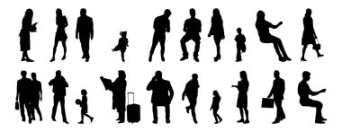 Vektör siluetleri, insanların ana hatları, Contour çizimleri, insanların siluetleri, ikon kümesi izole edilmiş, oturan insanların silueti, mimari set