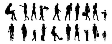 Vektör siluetleri, insanların ana hatları, Contour çizimleri, insanların siluetleri, ikon kümesi izole edilmiş, oturan insanların silueti, mimari set