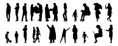 Vektör siluetleri, insanların ana hatları, Contour çizimleri, insanların siluetleri, ikon kümesi izole edilmiş, oturan insanların silueti, mimari set