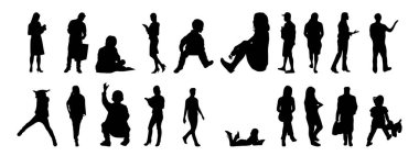 Vektör siluetleri, insanların ana hatları, Contour çizimleri, insanların siluetleri, ikon kümesi izole edilmiş, oturan insanların silueti, mimari set