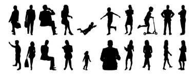 Vektör siluetleri, insanların ana hatları, Contour çizimleri, insanların siluetleri, ikon kümesi izole edilmiş, oturan insanların silueti, mimari set