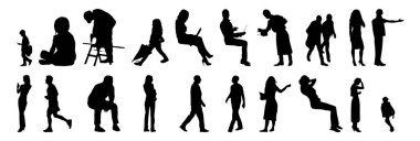 Vektör siluetleri, insanların ana hatları, Contour çizimleri, insanların siluetleri, ikon kümesi izole edilmiş, oturan insanların silueti, mimari set