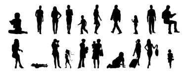 Vektör siluetleri, insanların ana hatları, Contour çizimleri, insanların siluetleri, ikon kümesi izole edilmiş, oturan insanların silueti, mimari set