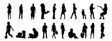 Vektör siluetleri, insanların ana hatları, Contour çizimleri, insanların siluetleri, ikon kümesi izole edilmiş, oturan insanların silueti, mimari set