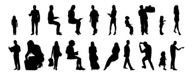 Vektör siluetleri, insanların ana hatları, Contour çizimleri, insanların siluetleri, ikon kümesi izole edilmiş, oturan insanların silueti, mimari set