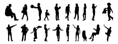 Vektör siluetleri, insanların ana hatları, Contour çizimleri, insanların siluetleri, ikon kümesi izole edilmiş, oturan insanların silueti, mimari set