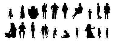 Vektör siluetleri, insanların ana hatları, Contour çizimleri, insanların siluetleri, ikon kümesi izole edilmiş, oturan insanların silueti, mimari set