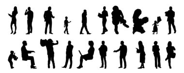 Vektör siluetleri, insanların ana hatları, Contour çizimleri, insanların siluetleri, ikon kümesi izole edilmiş, oturan insanların silueti, mimari set