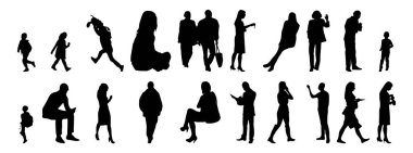 Vektör siluetleri, insanların ana hatları, Contour çizimleri, insanların siluetleri, ikon kümesi izole edilmiş, oturan insanların silueti, mimari set