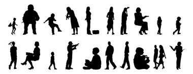 Vektör siluetleri, insanların ana hatları, Contour çizimleri, insanların siluetleri, ikon kümesi izole edilmiş, oturan insanların silueti, mimari set
