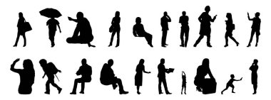 Vektör siluetleri, insanların ana hatları, Contour çizimleri, insanların siluetleri, ikon kümesi izole edilmiş, oturan insanların silueti, mimari set