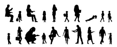 Vektör siluetleri, insanların ana hatları, Contour çizimleri, insanların siluetleri, ikon kümesi izole edilmiş, oturan insanların silueti, mimari set