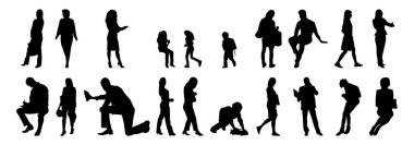 Vektör siluetleri, insanların ana hatları, Contour çizimleri, insanların siluetleri, ikon kümesi izole edilmiş, oturan insanların silueti, mimari set