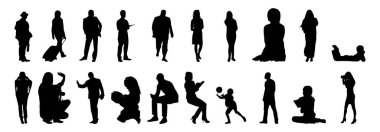 Vektör siluetleri, insanların ana hatları, Contour çizimleri, insanların siluetleri, ikon kümesi izole edilmiş, oturan insanların silueti, mimari set