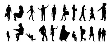 Vektör siluetleri, insanların ana hatları, Contour çizimleri, insanların siluetleri, ikon kümesi izole edilmiş, oturan insanların silueti, mimari set