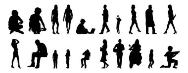 Vektör siluetleri, insanların ana hatları, Contour çizimleri, insanların siluetleri, ikon kümesi izole edilmiş, oturan insanların silueti, mimari set