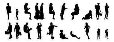 Vektör siluetleri, insanların ana hatları, Contour çizimleri, insanların siluetleri, ikon kümesi izole edilmiş, oturan insanların silueti, mimari set