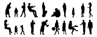 Vektör siluetleri, insanların ana hatları, Contour çizimleri, insanların siluetleri, ikon kümesi izole edilmiş, oturan insanların silueti, mimari set