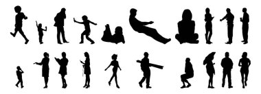 Vektör siluetleri, insanların ana hatları, Contour çizimleri, insanların siluetleri, ikon kümesi izole edilmiş, oturan insanların silueti, mimari set