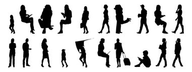 Vektör siluetleri, insanların ana hatları, Contour çizimleri, insanların siluetleri, ikon kümesi izole edilmiş, oturan insanların silueti, mimari set