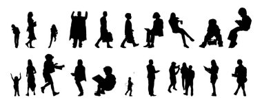 Vektör siluetleri, insanların ana hatları, Contour çizimleri, insanların siluetleri, ikon kümesi izole edilmiş, oturan insanların silueti, mimari set