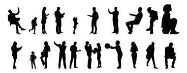 Vektör siluetleri, insanların ana hatları, Contour çizimleri, insanların siluetleri, ikon kümesi izole edilmiş, oturan insanların silueti, mimari set