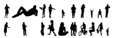 Vektör siluetleri, insanların ana hatları, Contour çizimleri, insanların siluetleri, ikon kümesi izole edilmiş, oturan insanların silueti, mimari set