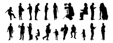 Vektör siluetleri, insanların ana hatları, Contour çizimleri, insanların siluetleri, ikon kümesi izole edilmiş, oturan insanların silueti, mimari set