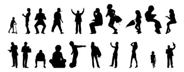 Vektör siluetleri, insanların ana hatları, Contour çizimleri, insanların siluetleri, ikon kümesi izole edilmiş, oturan insanların silueti, mimari set