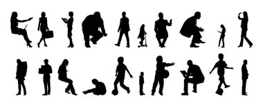 Vektör siluetleri, insanların ana hatları, Contour çizimleri, insanların siluetleri, ikon kümesi izole edilmiş, oturan insanların silueti, mimari set