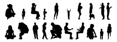 Vektör siluetleri, insanların ana hatları, Contour çizimleri, insanların siluetleri, ikon kümesi izole edilmiş, oturan insanların silueti, mimari set