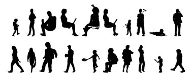 Vektör siluetleri, insanların ana hatları, Contour çizimleri, insanların siluetleri, ikon kümesi izole edilmiş, oturan insanların silueti, mimari set