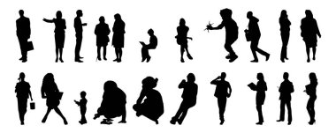 Vektör siluetleri, insanların ana hatları, Contour çizimleri, insanların siluetleri, ikon kümesi izole edilmiş, oturan insanların silueti, mimari set