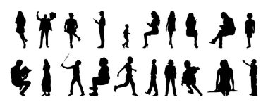 Vektör siluetleri, insanların ana hatları, Contour çizimleri, insanların siluetleri, ikon kümesi izole edilmiş, oturan insanların silueti, mimari set