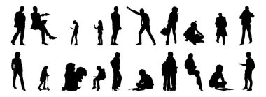 Vektör siluetleri, insanların ana hatları, Contour çizimleri, insanların siluetleri, ikon kümesi izole edilmiş, oturan insanların silueti, mimari set