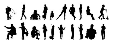 Vektör siluetleri, insanların ana hatları, Contour çizimleri, insanların siluetleri, ikon kümesi izole edilmiş, oturan insanların silueti, mimari set