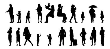 Vektör siluetleri, insanların ana hatları, Contour çizimleri, insanların siluetleri, ikon kümesi izole edilmiş, oturan insanların silueti, mimari set