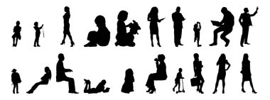 Vektör siluetleri, insanların ana hatları, Contour çizimleri, insanların siluetleri, ikon kümesi izole edilmiş, oturan insanların silueti, mimari set