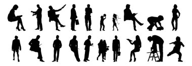 Vektör siluetleri, insanların ana hatları, Contour çizimleri, insanların siluetleri, ikon kümesi izole edilmiş, oturan insanların silueti, mimari set