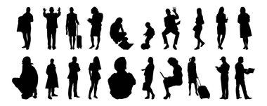 Vektör siluetleri, insanların ana hatları, Contour çizimleri, insanların siluetleri, ikon kümesi izole edilmiş, oturan insanların silueti, mimari set