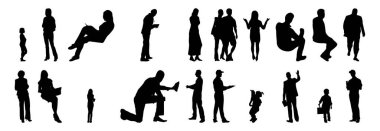 Vektör siluetleri, insanların ana hatları, Contour çizimleri, insanların siluetleri, ikon kümesi izole edilmiş, oturan insanların silueti, mimari set