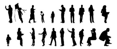 Vektör siluetleri, insanların ana hatları, Contour çizimleri, insanların siluetleri, ikon kümesi izole edilmiş, oturan insanların silueti, mimari set